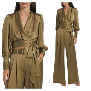 Zimmermann Silk Top & Pant Set Olive Green Wrap Crop Wide Leg Pants Size 1 US 6